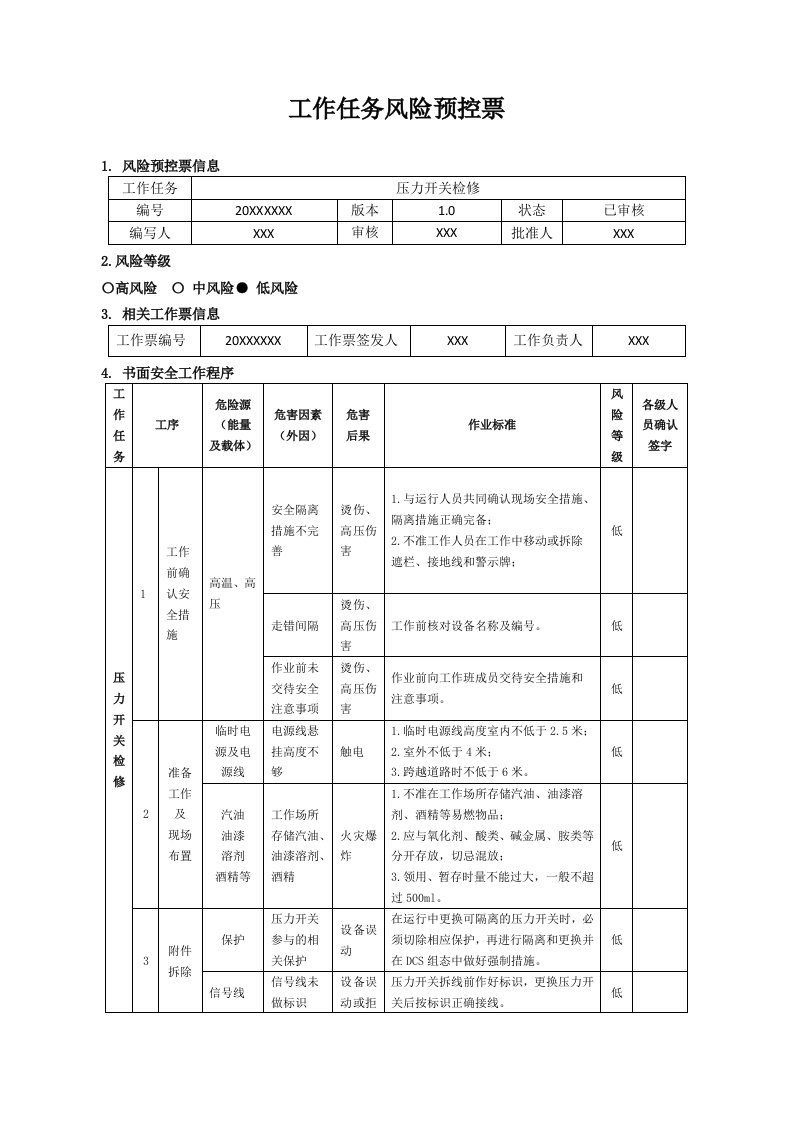 风险管理-热控工作任务风险预控票