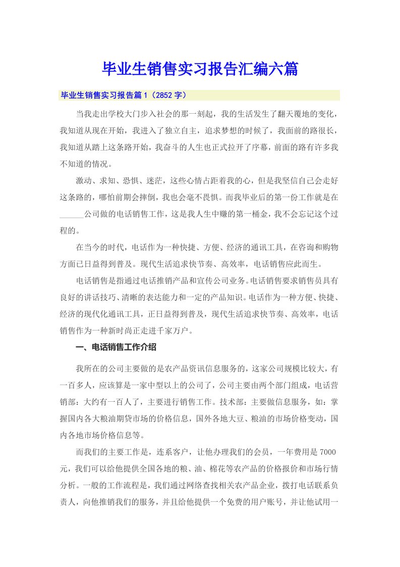 毕业生销售实习报告汇编六篇