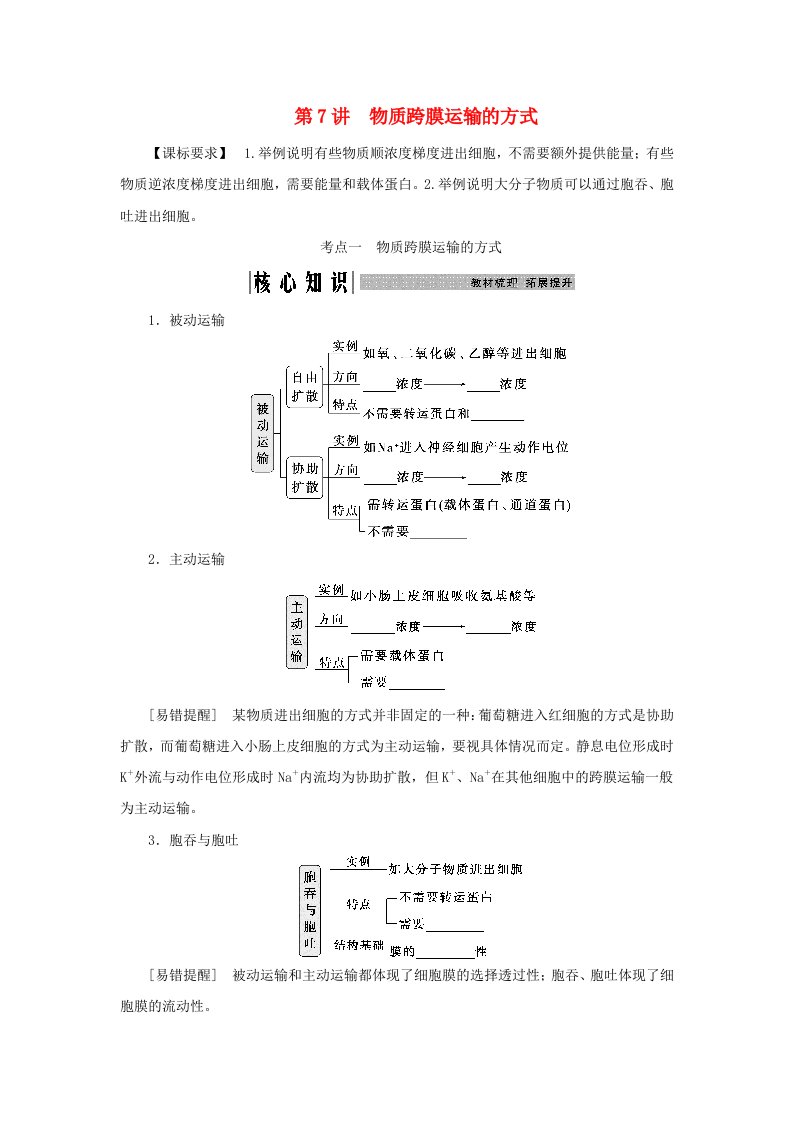 2025届高考生物一轮总复习学生用书必修1第二单元细胞的结构和物质运输第7讲物质跨膜运输的方式考点一物质跨膜运输的方式