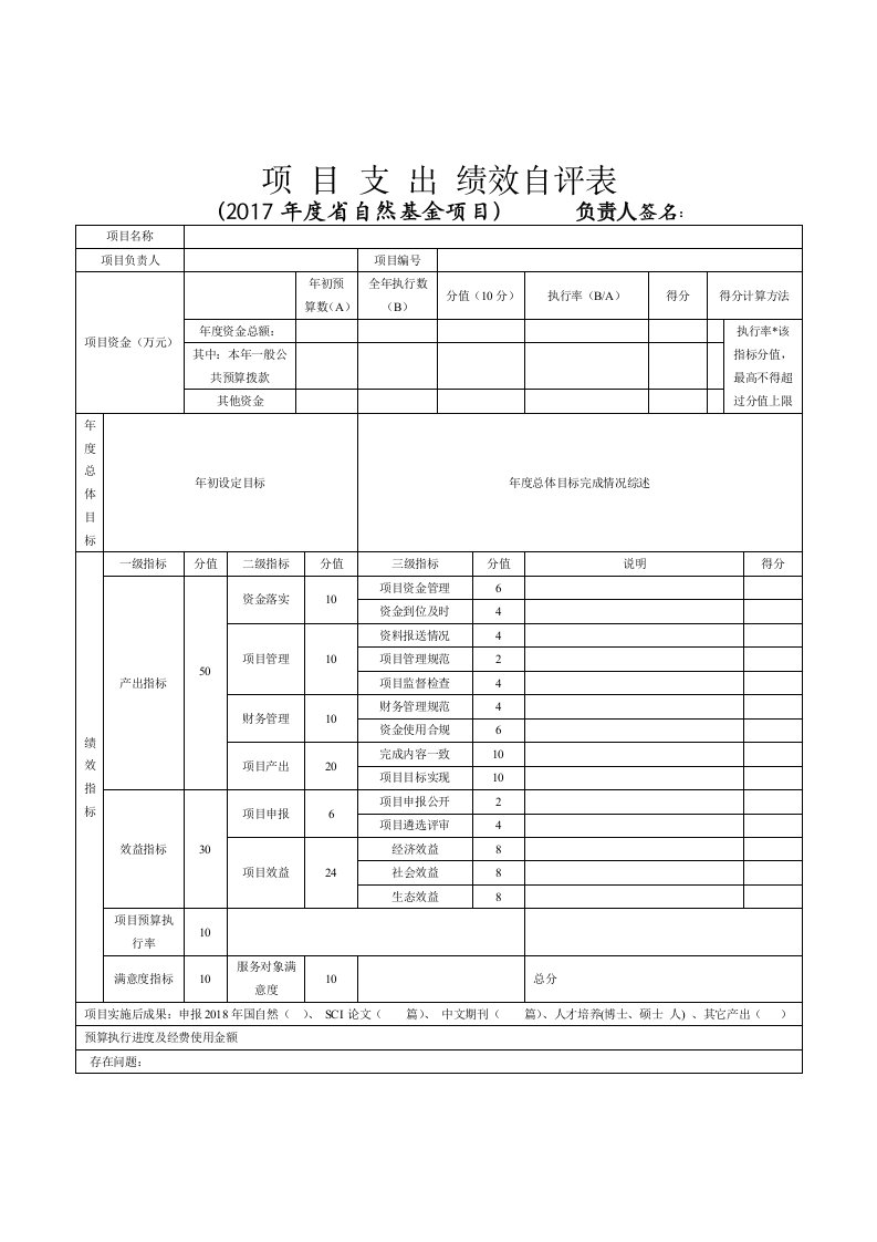 项目支出绩效自评表