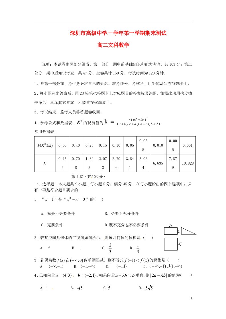 广东省深圳市高级中学高二数学上学期期末考试试题