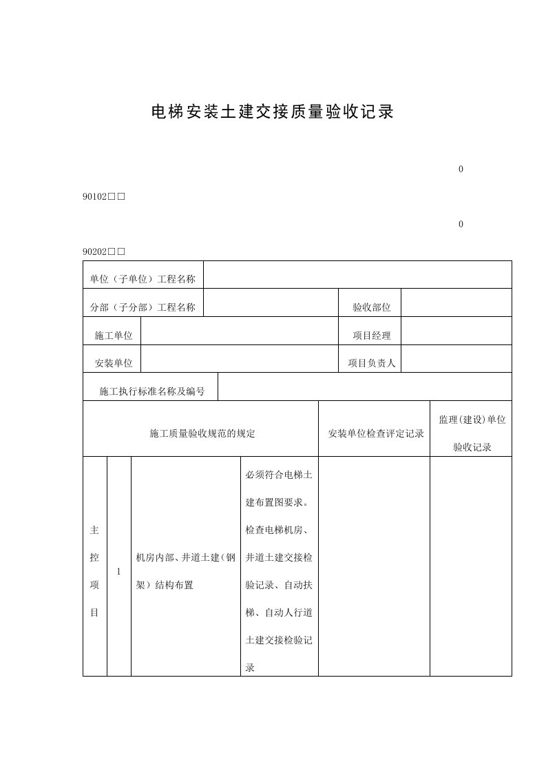 电梯安装土建交接质量验收记录