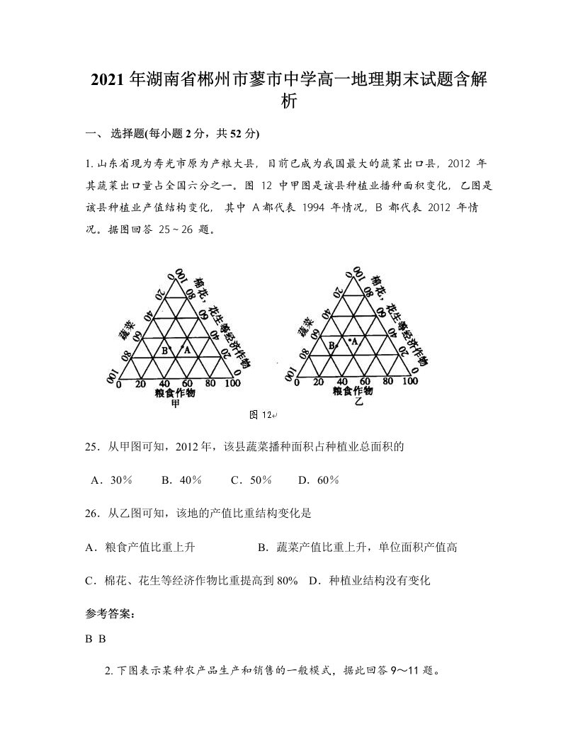 2021年湖南省郴州市蓼市中学高一地理期末试题含解析