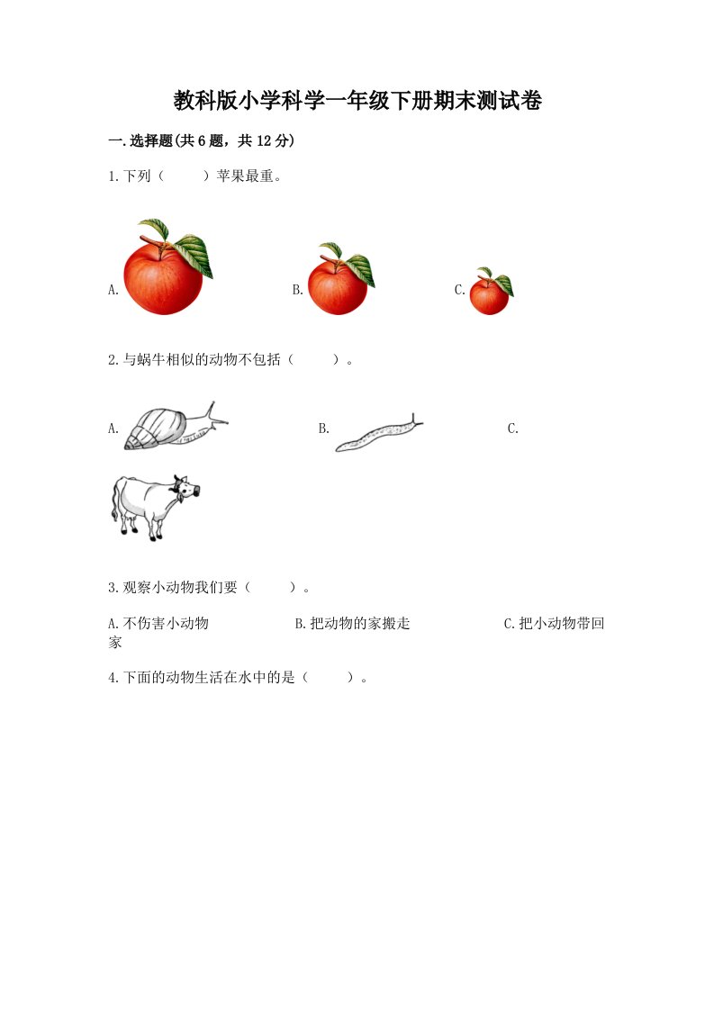 教科版小学科学一年级下册期末测试卷及完整答案（考点梳理）