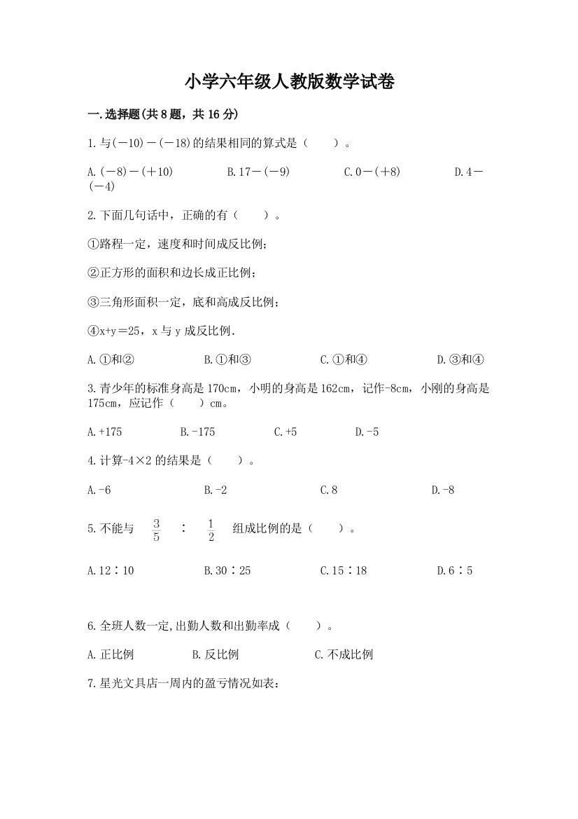 小学六年级人教版数学试卷精品（易错题）