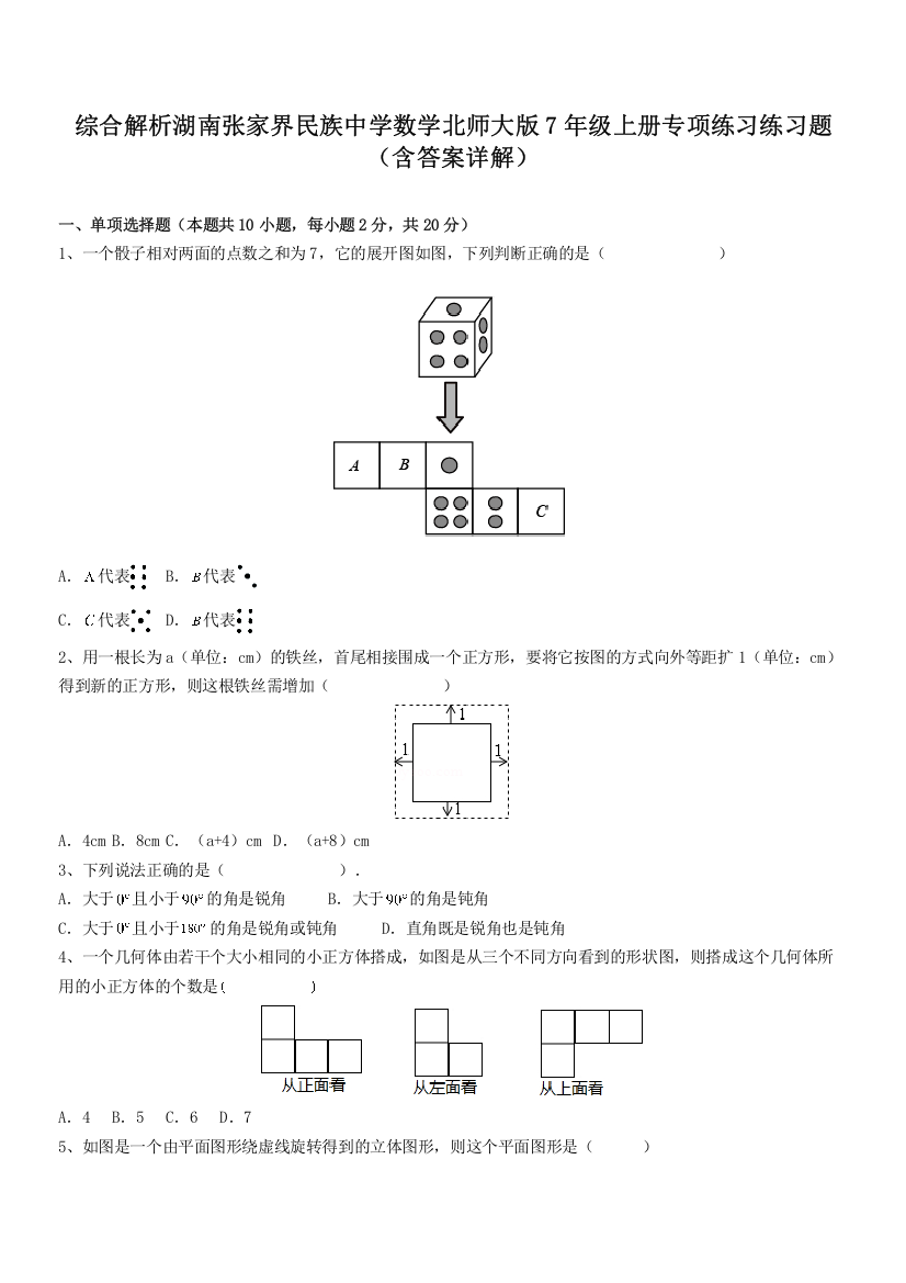 综合解析湖南张家界民族中学数学北师大版7年级上册专项练习