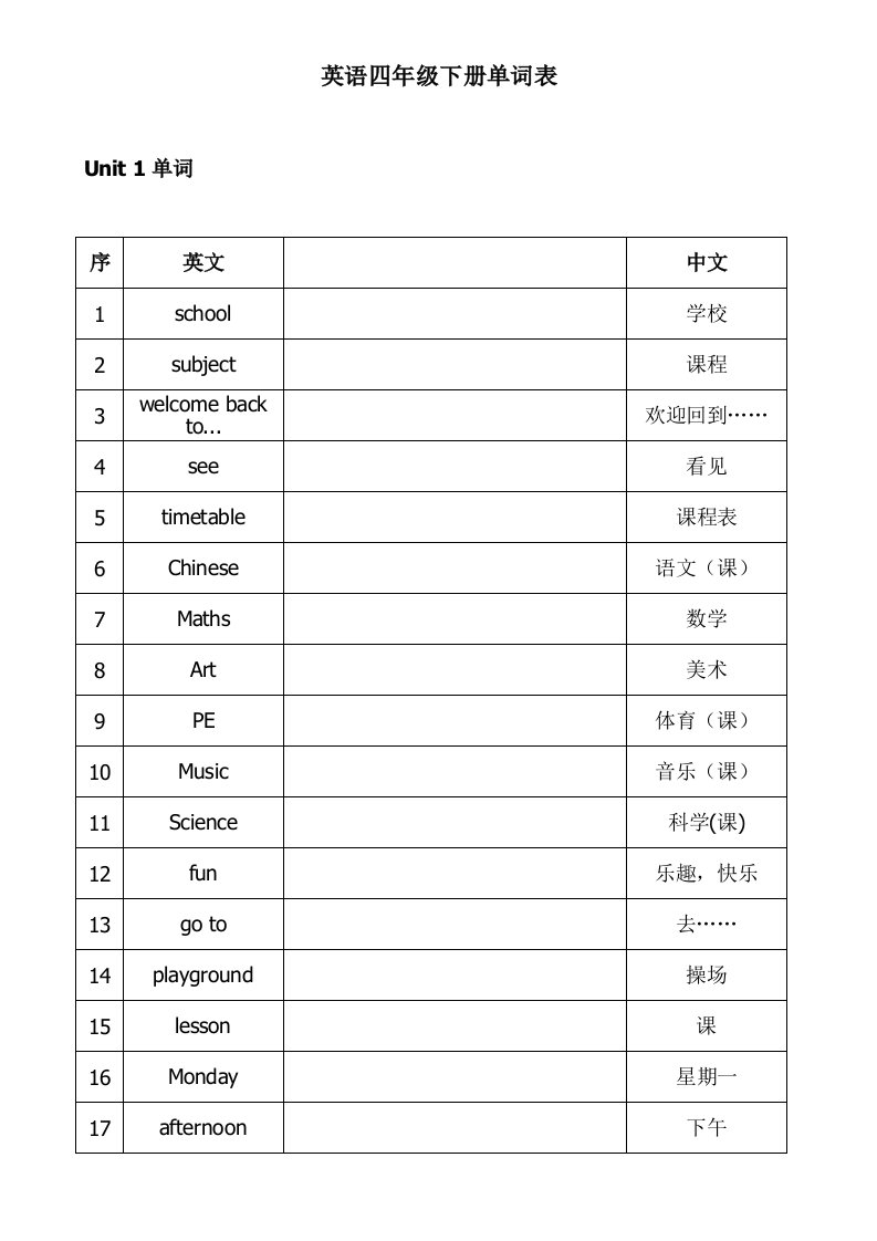 苏教版四年级下册英语单词表