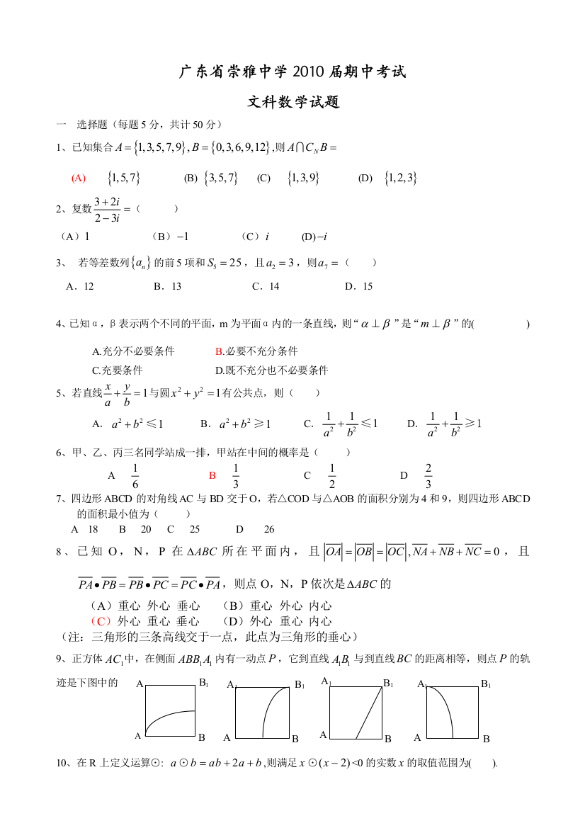 【小学中学教育精选】广东省崇雅中学2010届文科数学试题