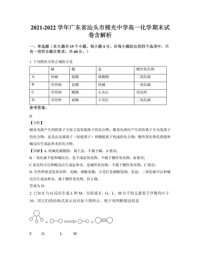 2021-2022学年广东省汕头市棉光中学高一化学期末试卷含解析