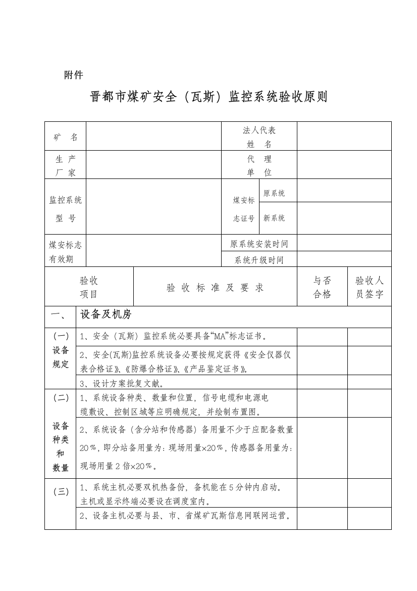 晋城市煤矿安全瓦斯监控系统验收标准晋城市煤矿样本