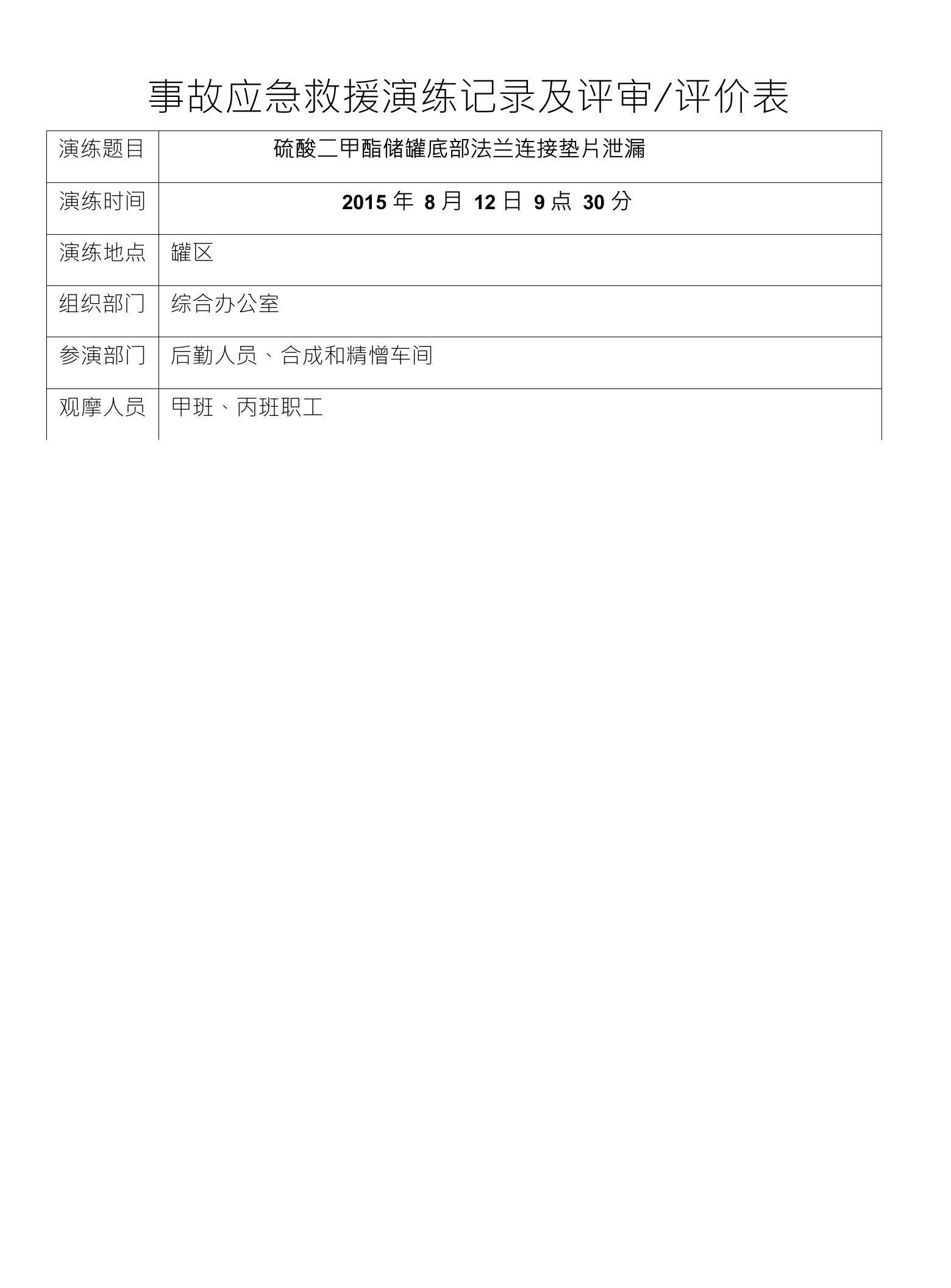 事故应急救援演练记录及评审评价表