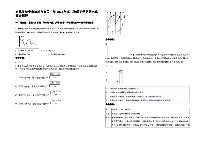 吉林省长春市榆树市育民中学2021年高三物理下学期期末试题带解析