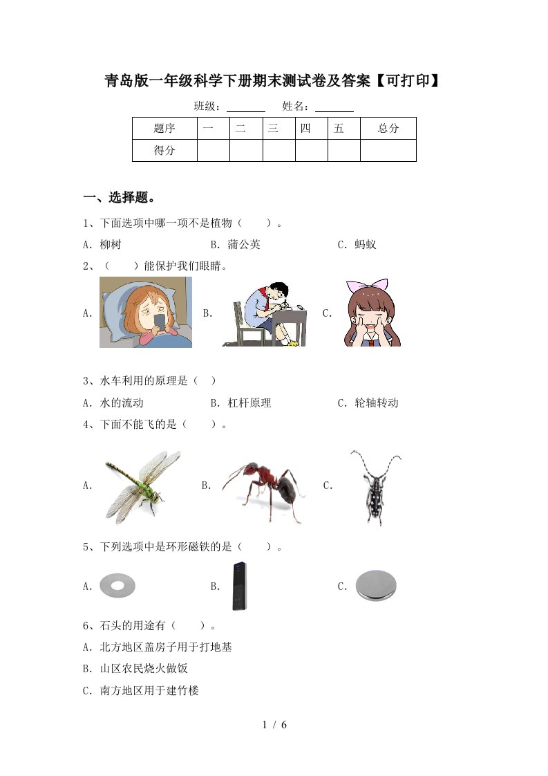 青岛版一年级科学下册期末测试卷及答案可打印