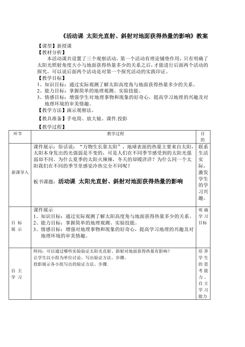 地理上册《太阳光直射、斜射对地面获得热量的影响》教案