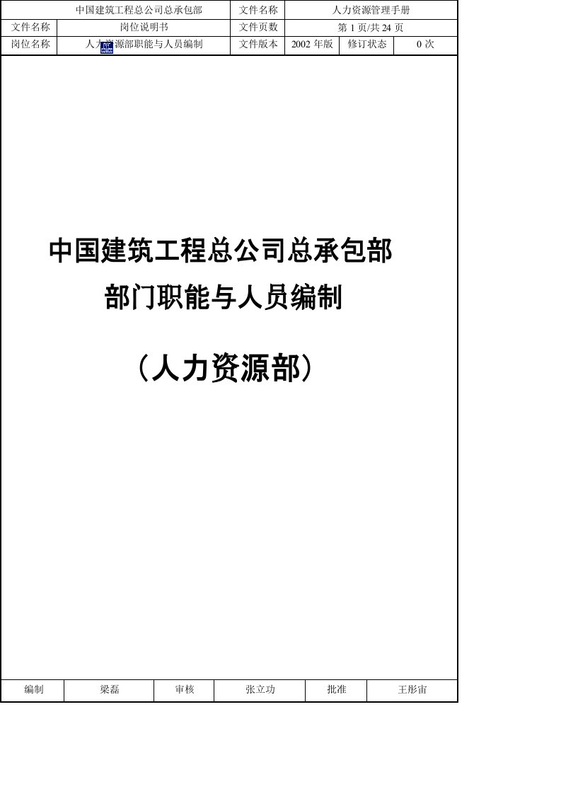 中国建筑工程总公司总承包部部门职能与人员编制