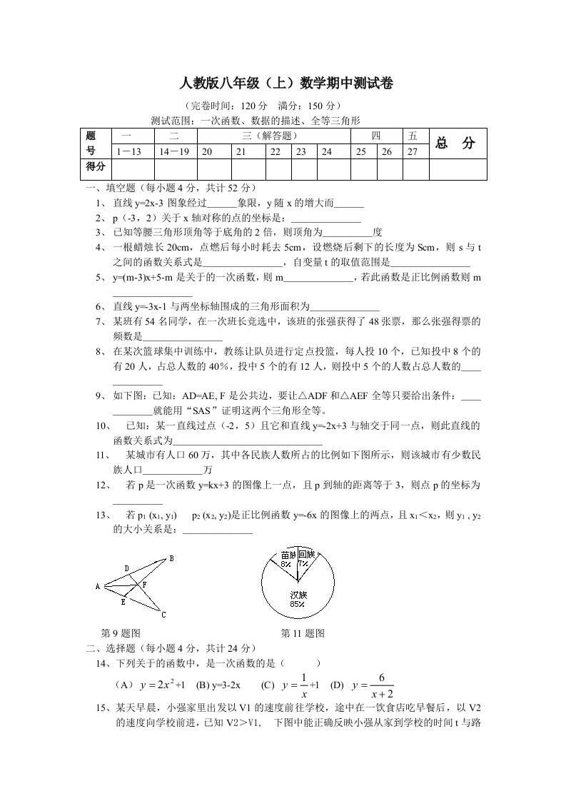 人教版八年级（上）数学期中测试卷