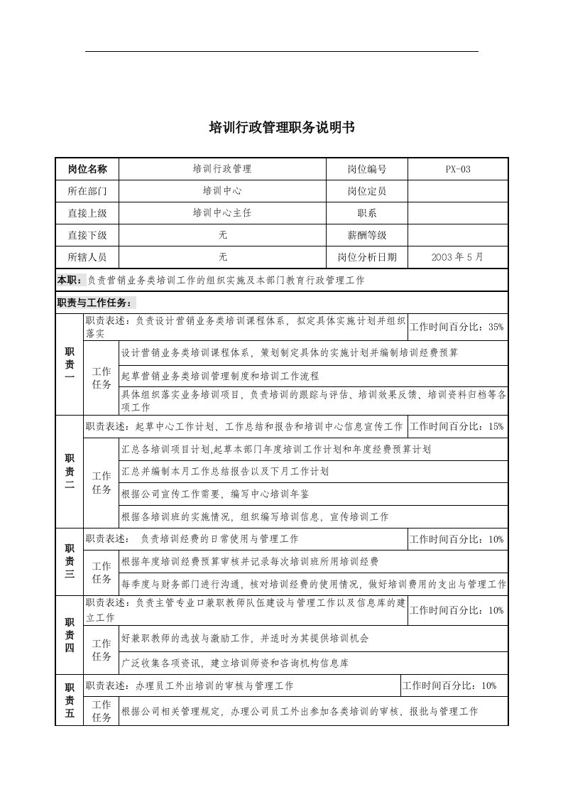 通信行业-培训中心-培训行政管理岗位说明书