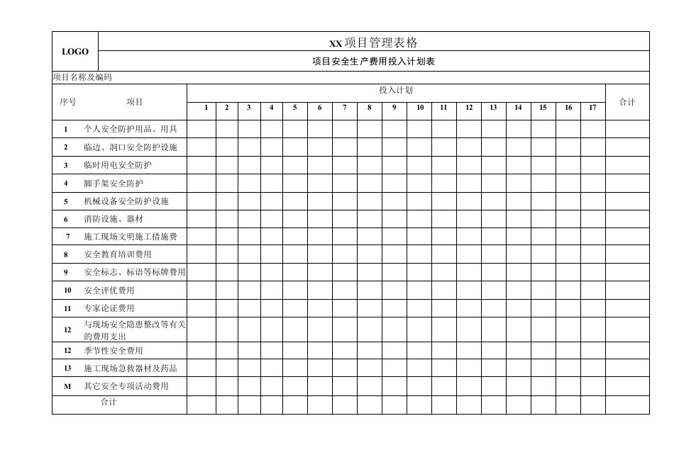 项目管理表格、项目安全生产费用投入计划表