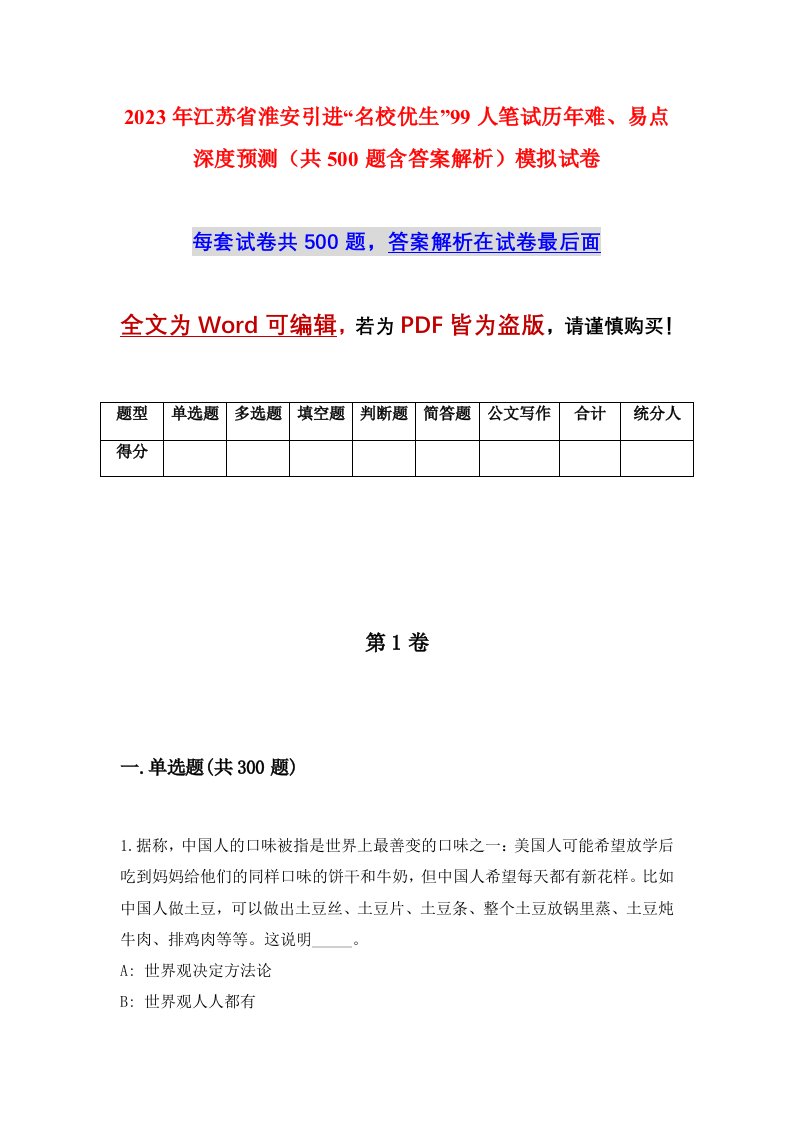 2023年江苏省淮安引进名校优生99人笔试历年难易点深度预测共500题含答案解析模拟试卷