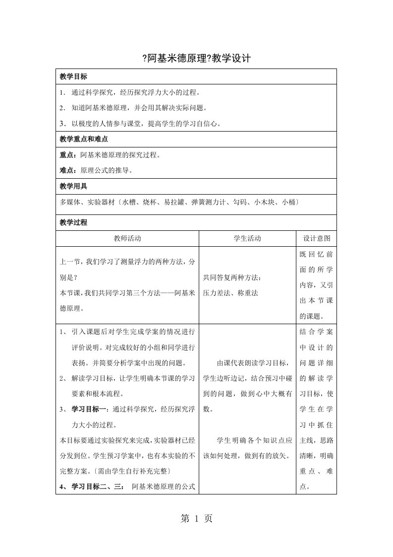 2023年人教版初中物理八年级下册　10.2　阿基米德原理　教案