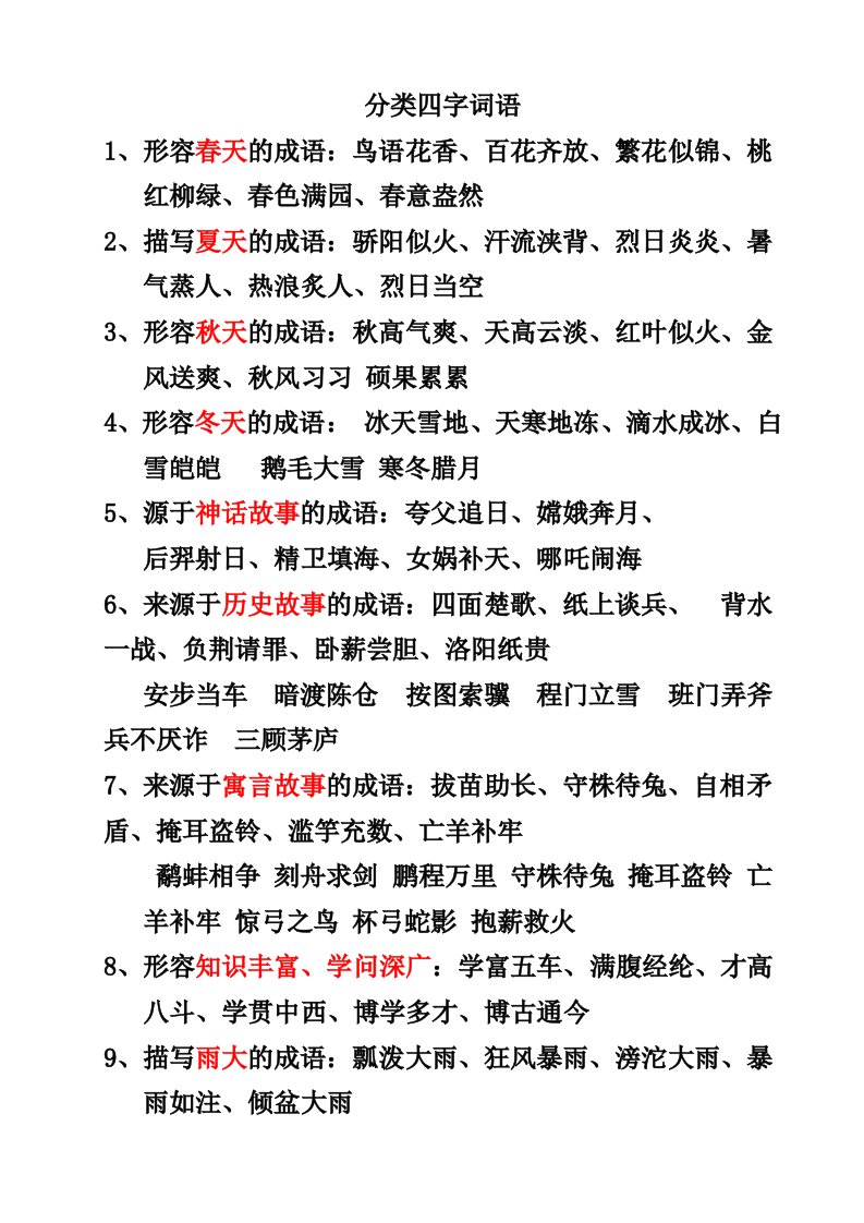 六上四字词语分类复习