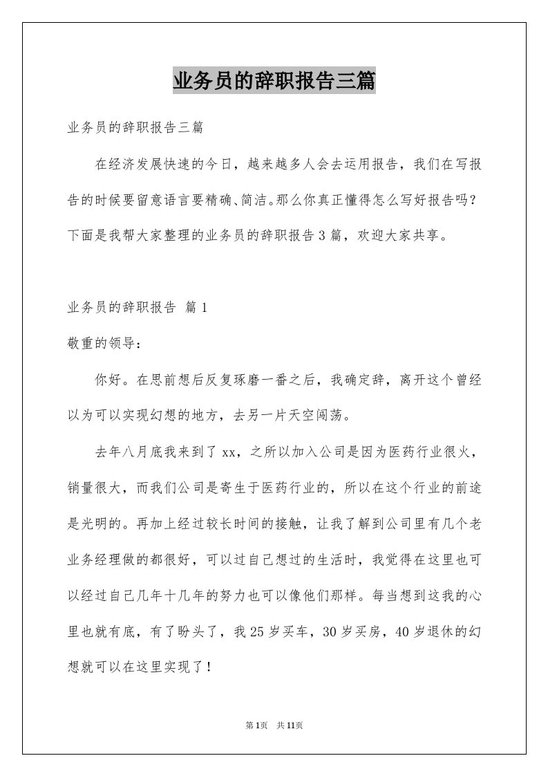 业务员的辞职报告三篇范文