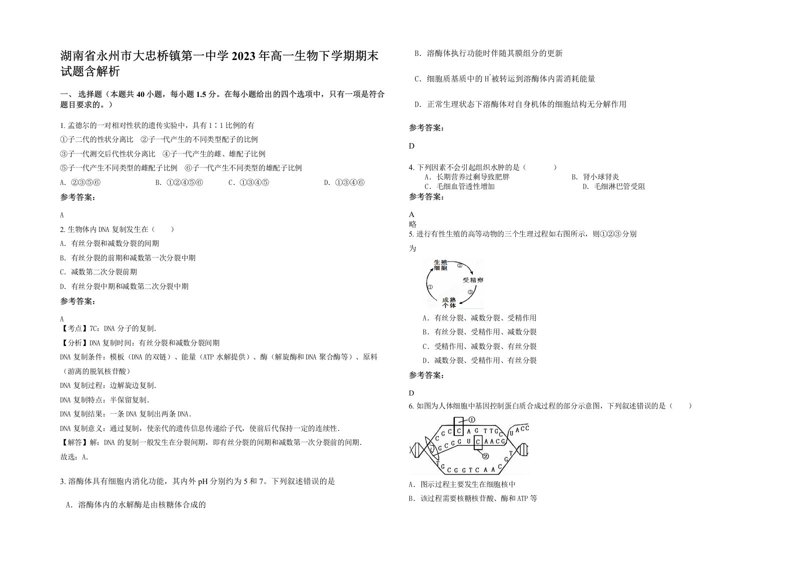 湖南省永州市大忠桥镇第一中学2023年高一生物下学期期末试题含解析