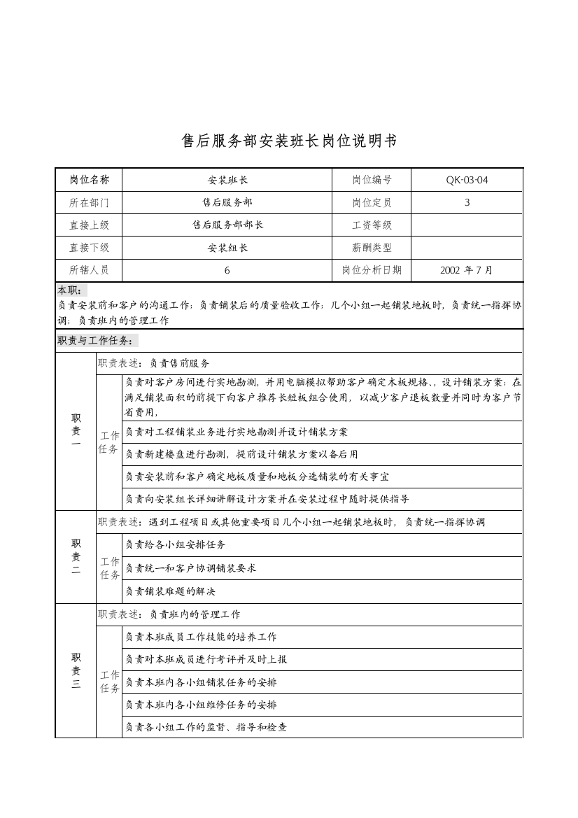 乾坤木业公司售后服务部安装班长岗位说明书