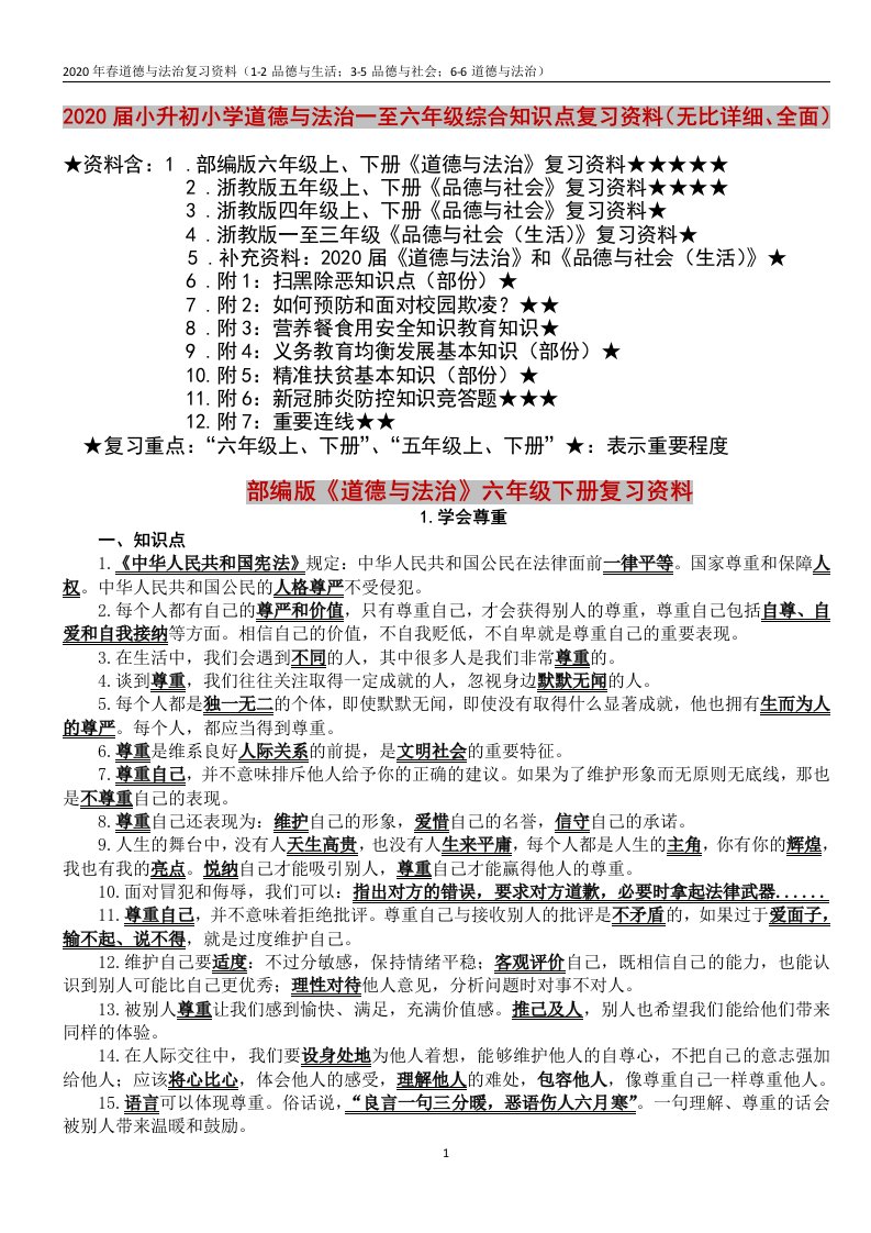 2020届部编版小升初小学道德与法治一至六年级综合知识点复习资料（无比详细、全面）