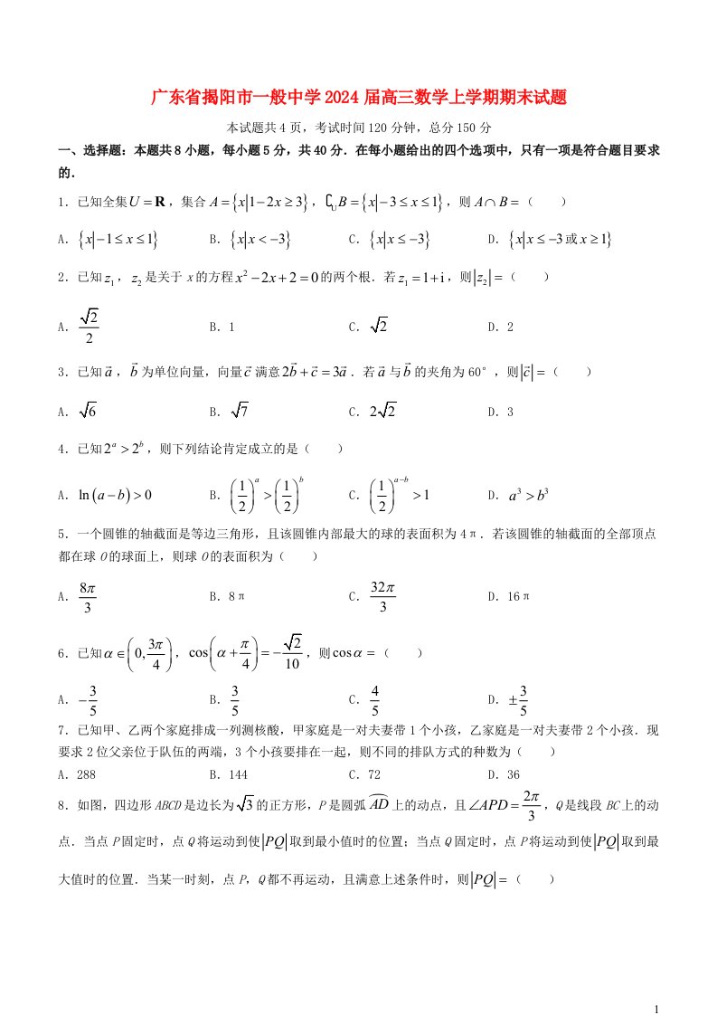 广东省揭阳市普通高中2025届高三数学上学期期末试题