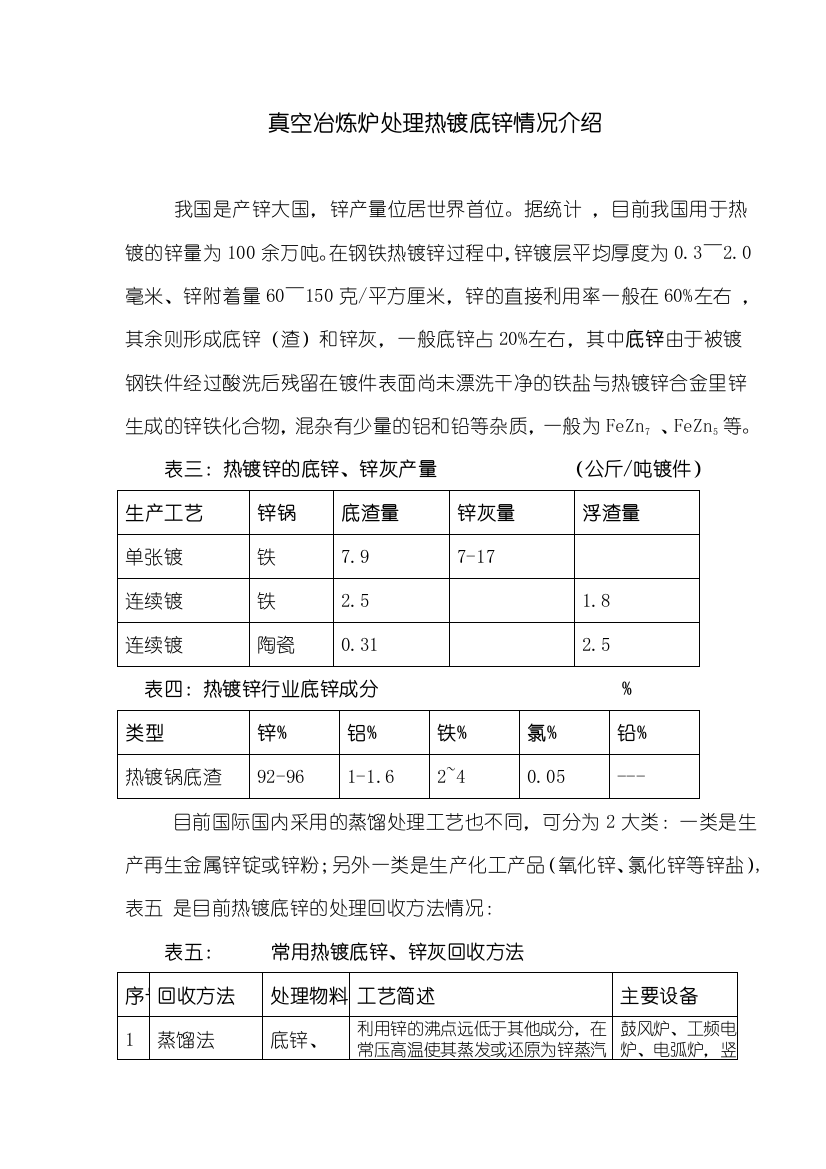 真空冶炼炉处理热镀底锌情况介绍