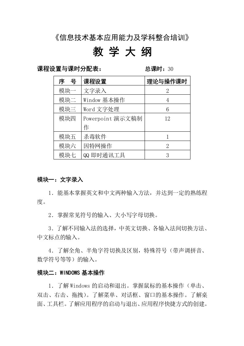 《信息技术基本应用能力及学科整合培训教学大纲》