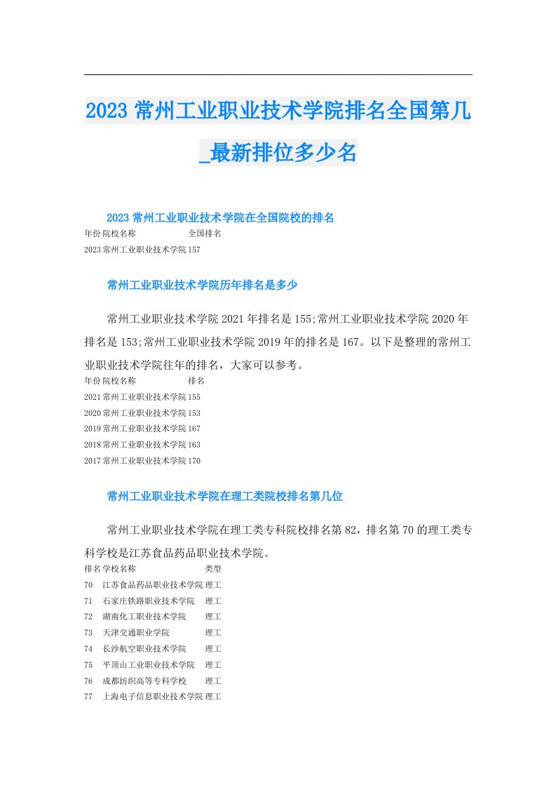 常州工业职业技术学院排名全国第几_最新排位多少名