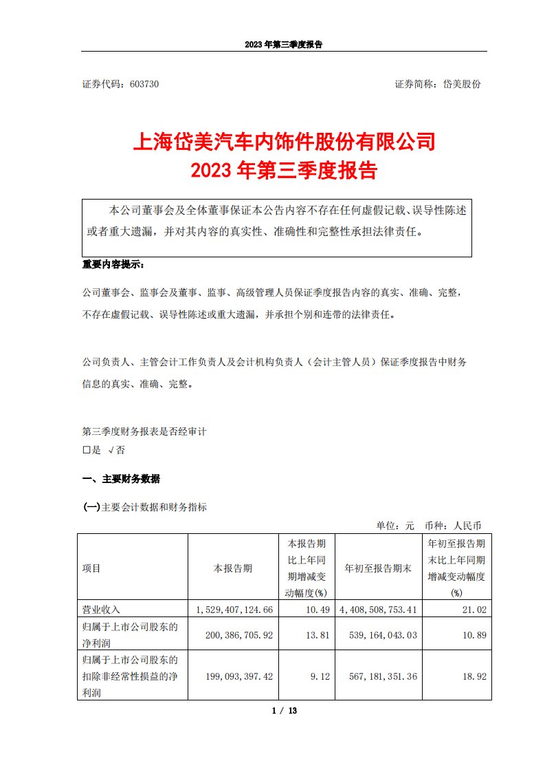 上交所-上海岱美汽车内饰件股份有限公司2023年第三季度报告-20231030