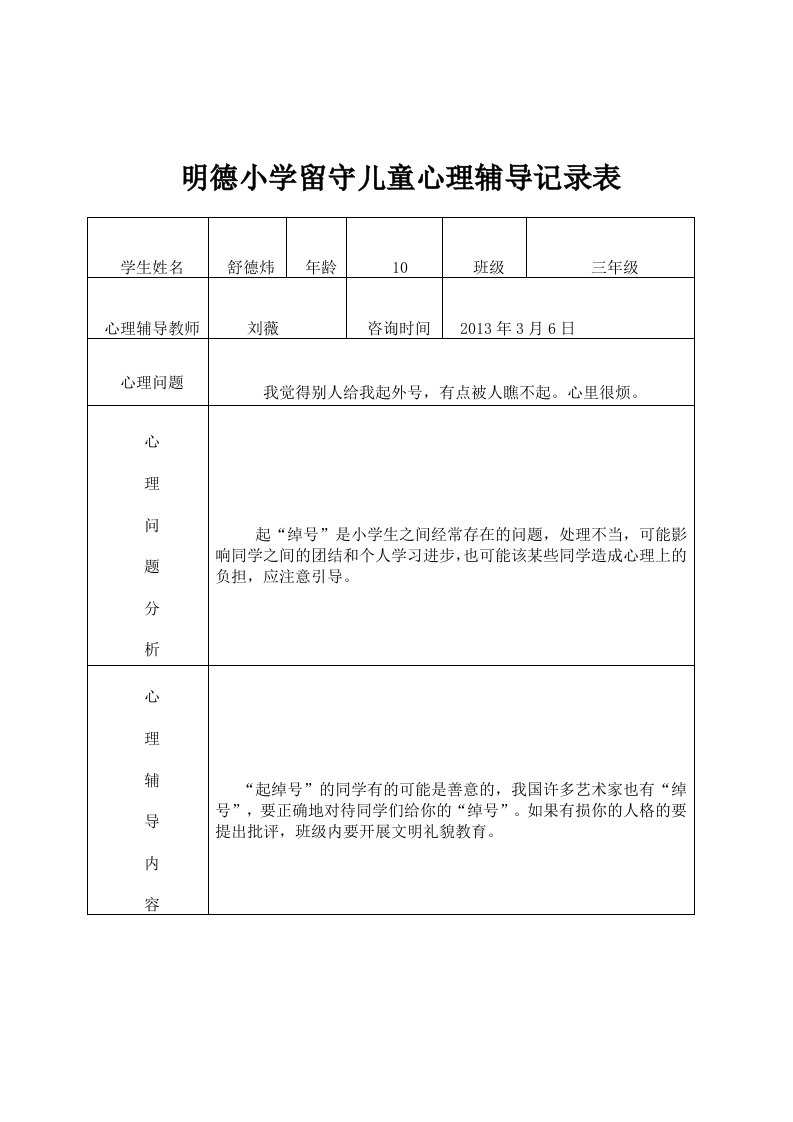 明德小学留守儿童心理辅导记录表