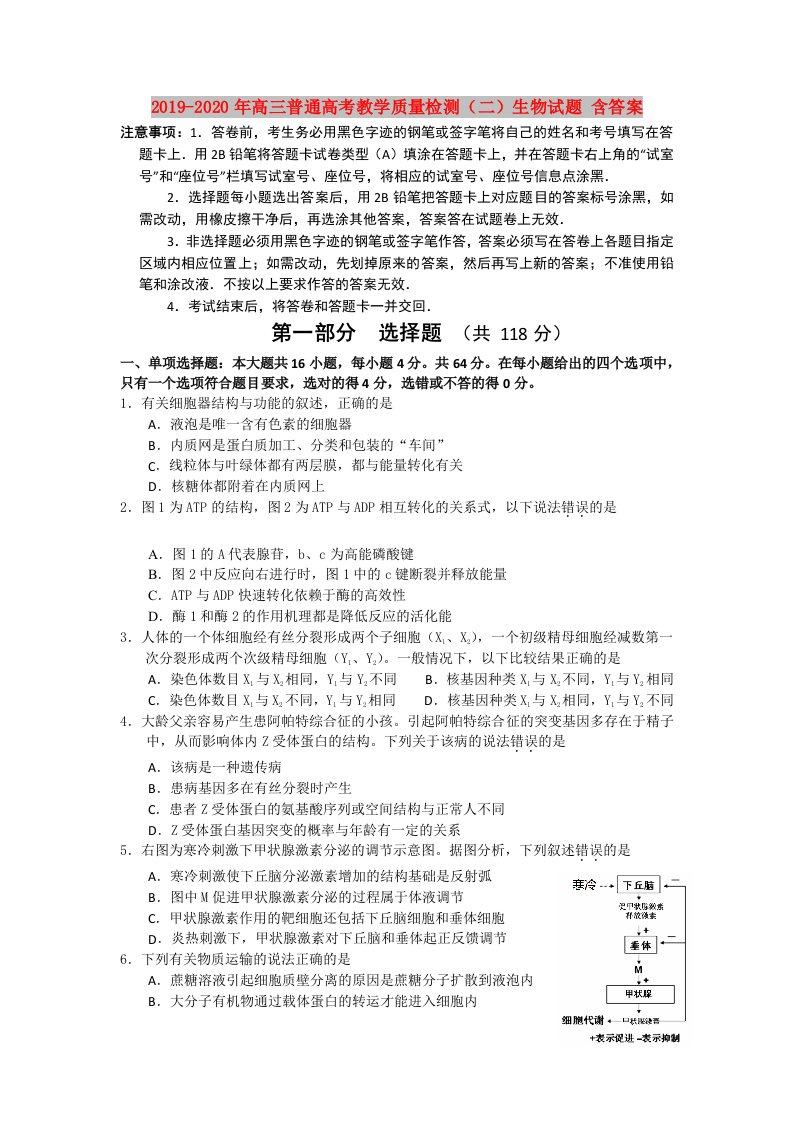 2019-2020年高三普通高考教学质量检测（二）生物试题