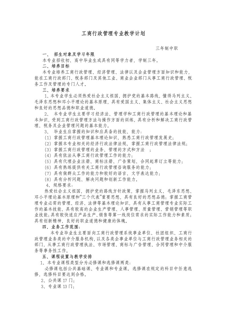 工商行政管理专业教学计划