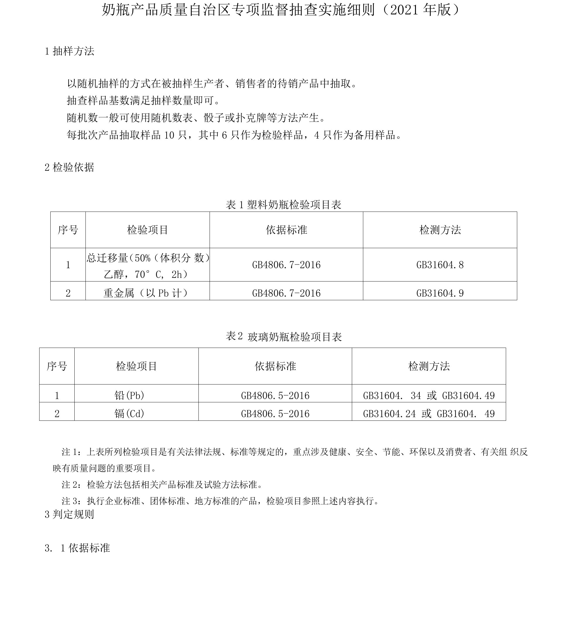 奶瓶产品质量自治区专项监督抽查实施细则（2021年版）