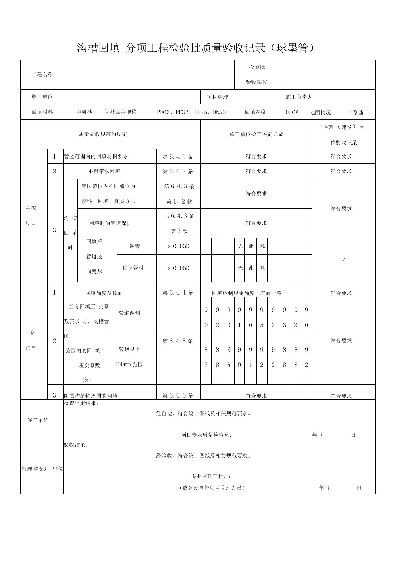 PE管及双壁波纹管施工分部、分项、检验批质量验收表格