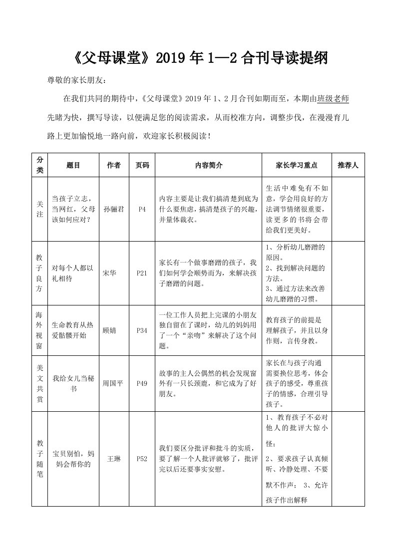 2019年1、2月合订版《父母课堂》导读