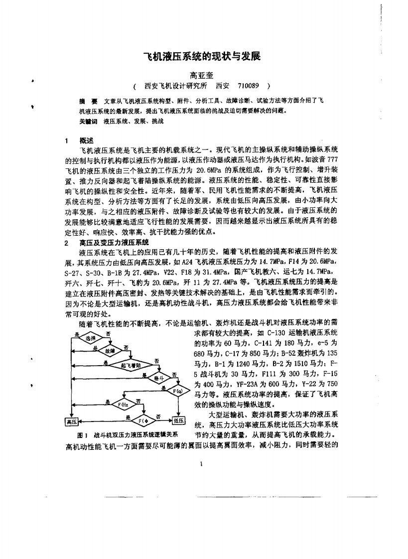 飞机液压系统的现状与发展