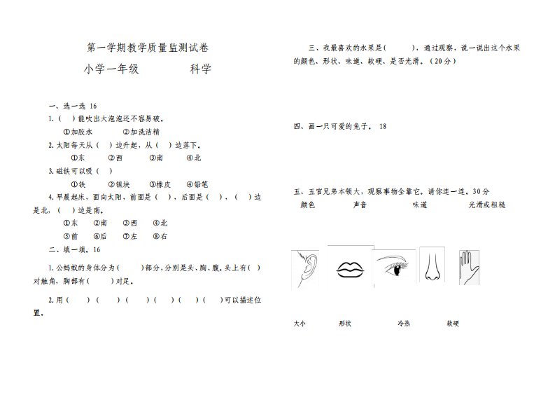 大象版小学一年级上册科学期末试题附答案