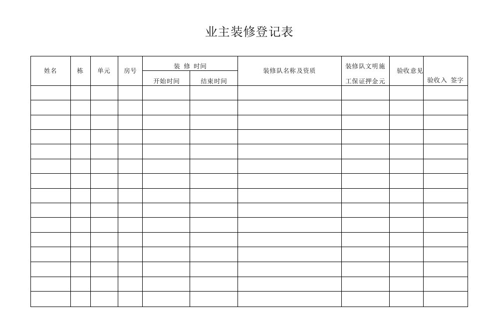 业主装修登记表