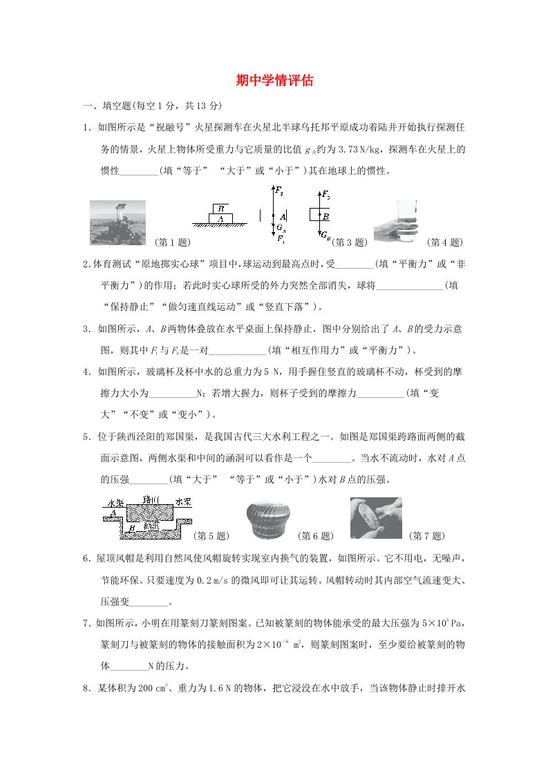 安徽省2024八年级物理下学期期中学情评估新版沪科版