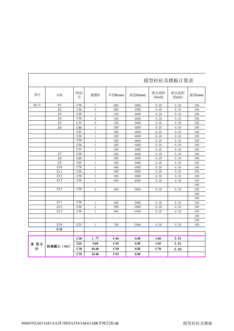 圆形柱计算表