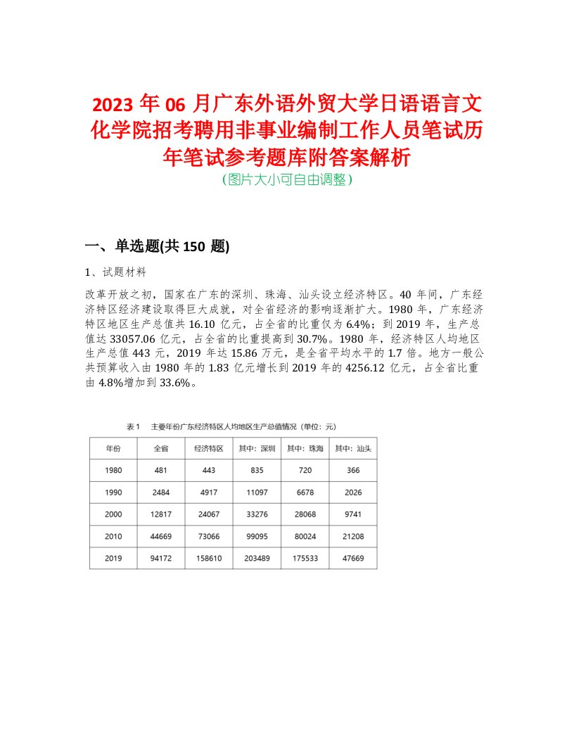 2023年06月广东外语外贸大学日语语言文化学院招考聘用非事业编制工作人员笔试历年笔试参考题库附答案解析-0