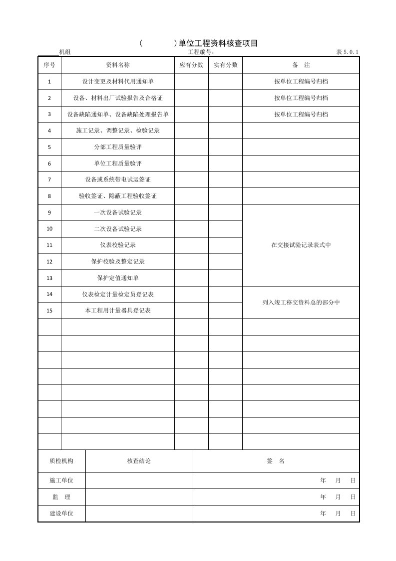 建筑工程-911　　　　单位工程资料核查项目