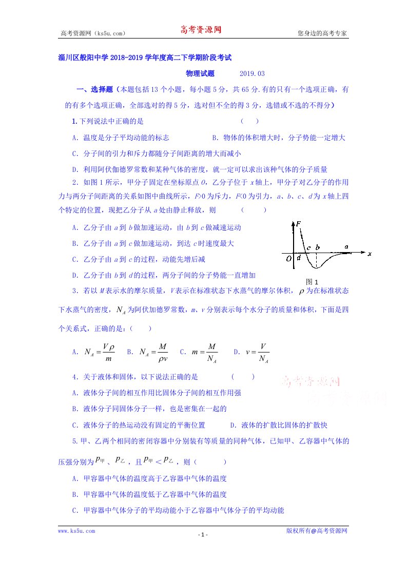 山东省淄博市淄川区般阳中学2018-2019学年高二3月月考物理试题