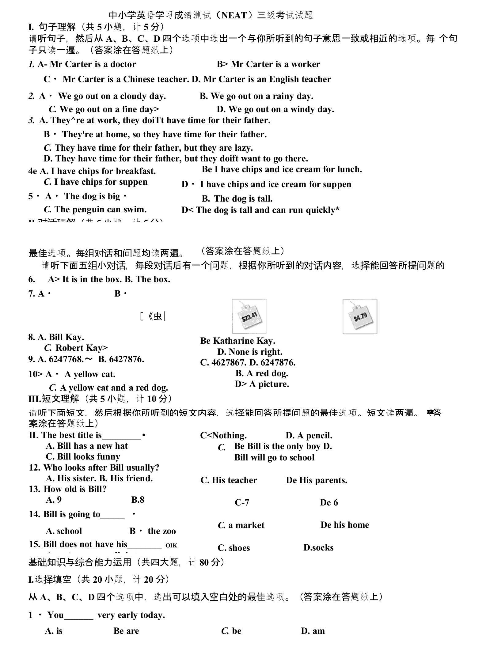 中小学英语学习成绩测试neat三级试题