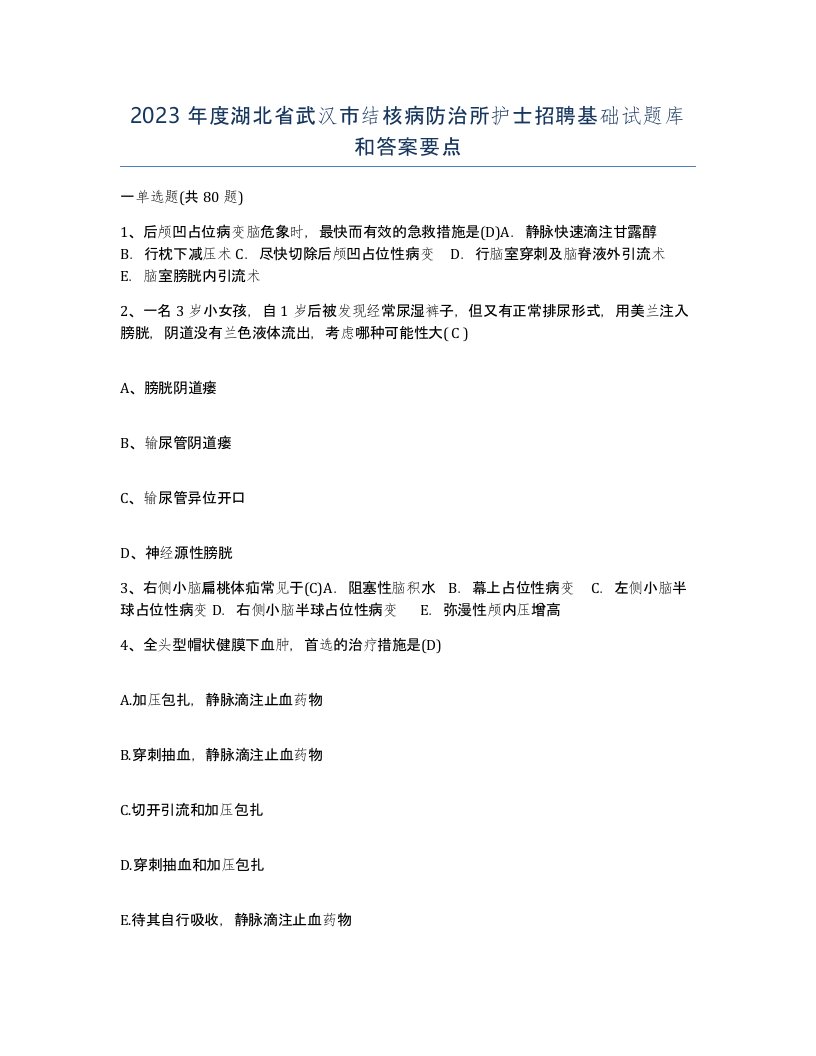 2023年度湖北省武汉市结核病防治所护士招聘基础试题库和答案要点